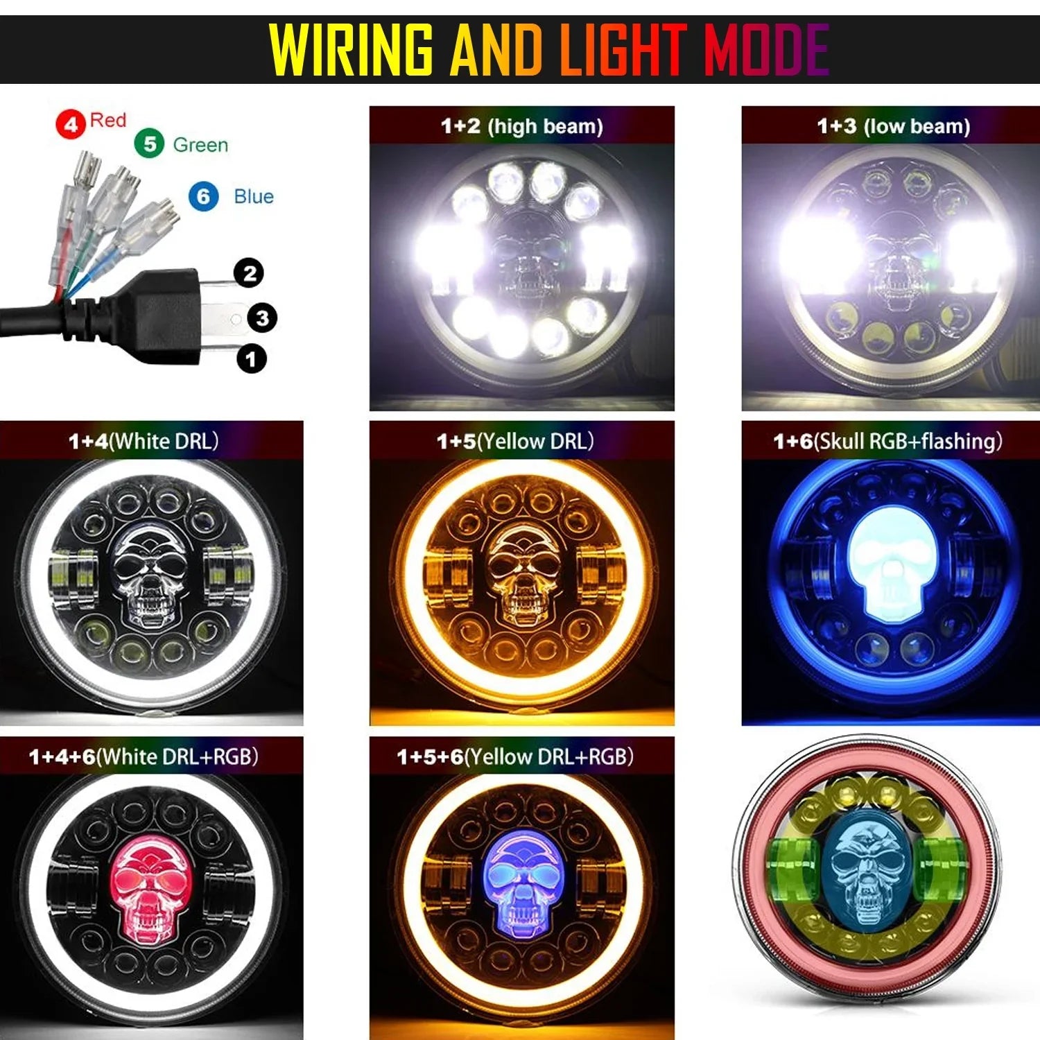 7 Inch Harley Skull Round Led Headlight Fits in Royal Enfield All Models, Mahindra Thar (12V-80V 75w) - Biker.Store - www.biker.store