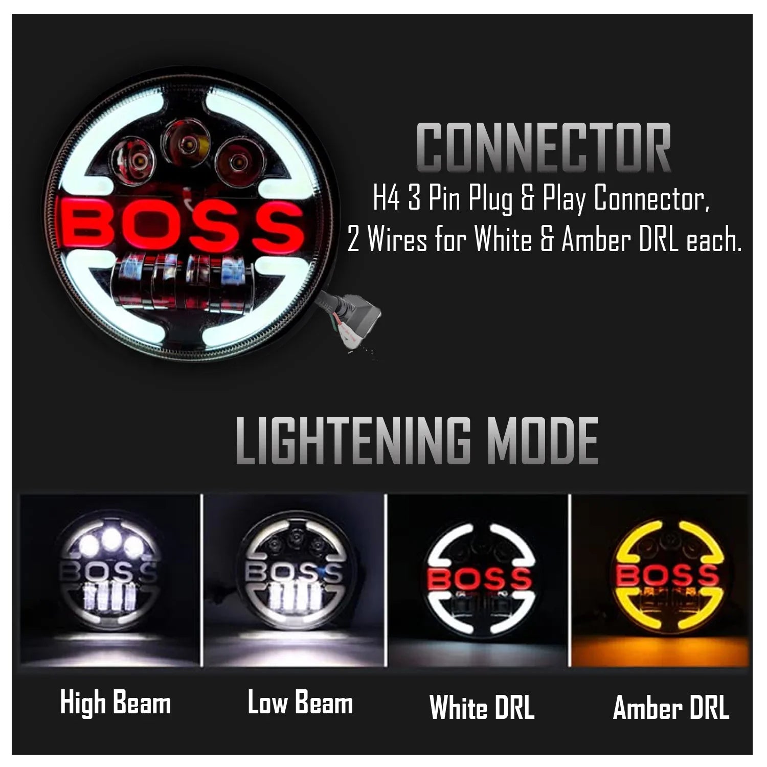7 Inch Round Headlight Compatible with Royal Enfield, Jeep & Harley Davidson (Harley Boss Headlight) - Biker.Store - www.biker.store