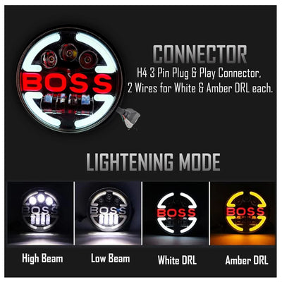 7 Inch Round Headlight Compatible with Royal Enfield, Jeep & Harley Davidson (Harley Boss Headlight) - Biker.Store - www.biker.store