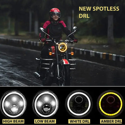 HJG 7 Inch LED Headlight with Spotless and Bright DRL Fits in Royal Enfield (All Model) And Mahindra Thar (12V-80V DC 75w) - Biker.Store - www.biker.store