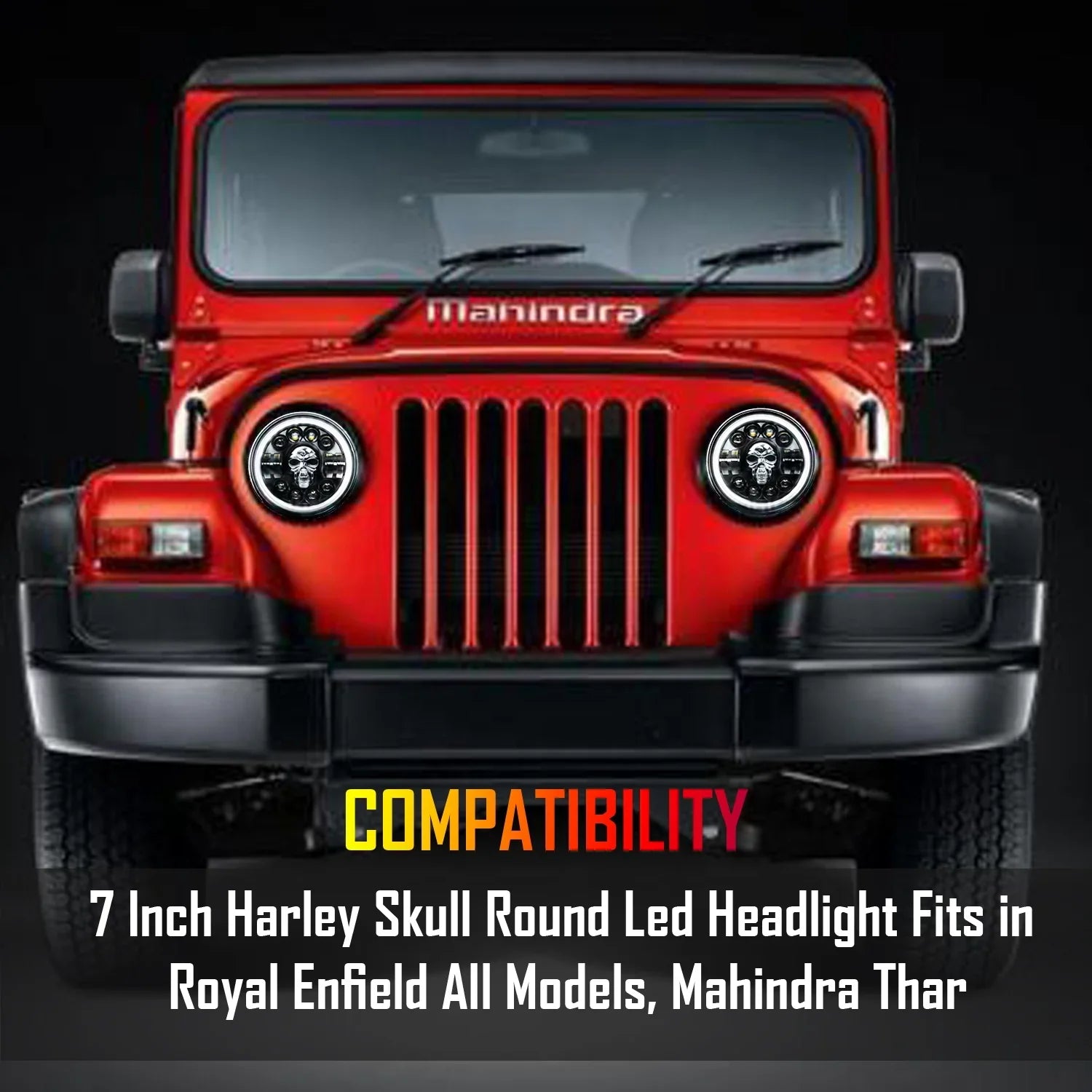 7 Inch Harley Skull Round Led Headlight Fits in Royal Enfield All Models, Mahindra Thar (12V-80V 75w) - Biker.Store - www.biker.store
