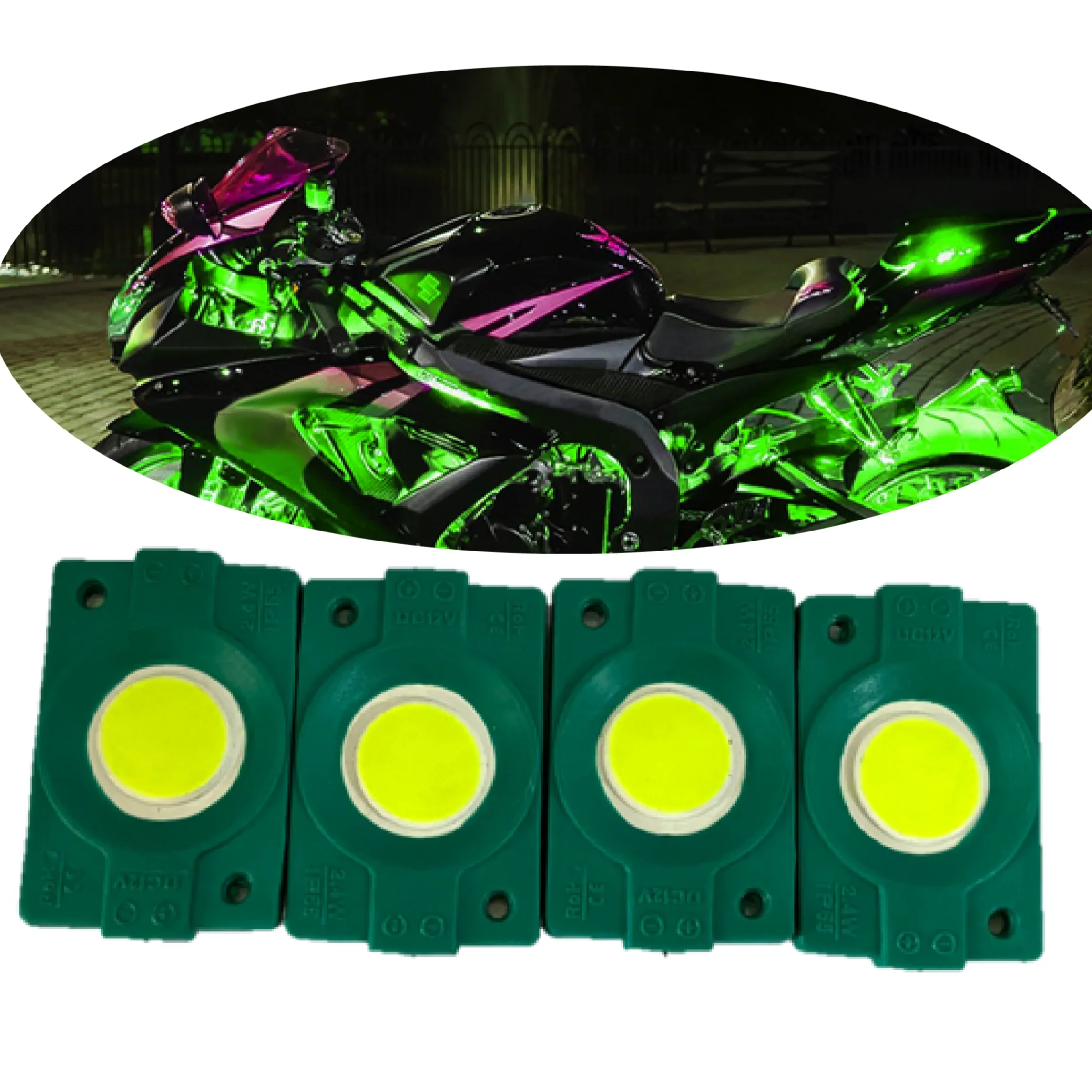 hjg Sunny Day GREEN IMPORTED Underglow PATCH LIGHTS (Front/Rear , Bike Body Lights) - PACK OF 4 - IP65 WATERPROOF DUSTPROOF SHOCKPROOF - Universal Decorative Light for all Motorbike, Car LED (12V, 1.5 W) (Universal For Bike, Universal For Car, Pack of 4) - Biker.Store - www.biker.store