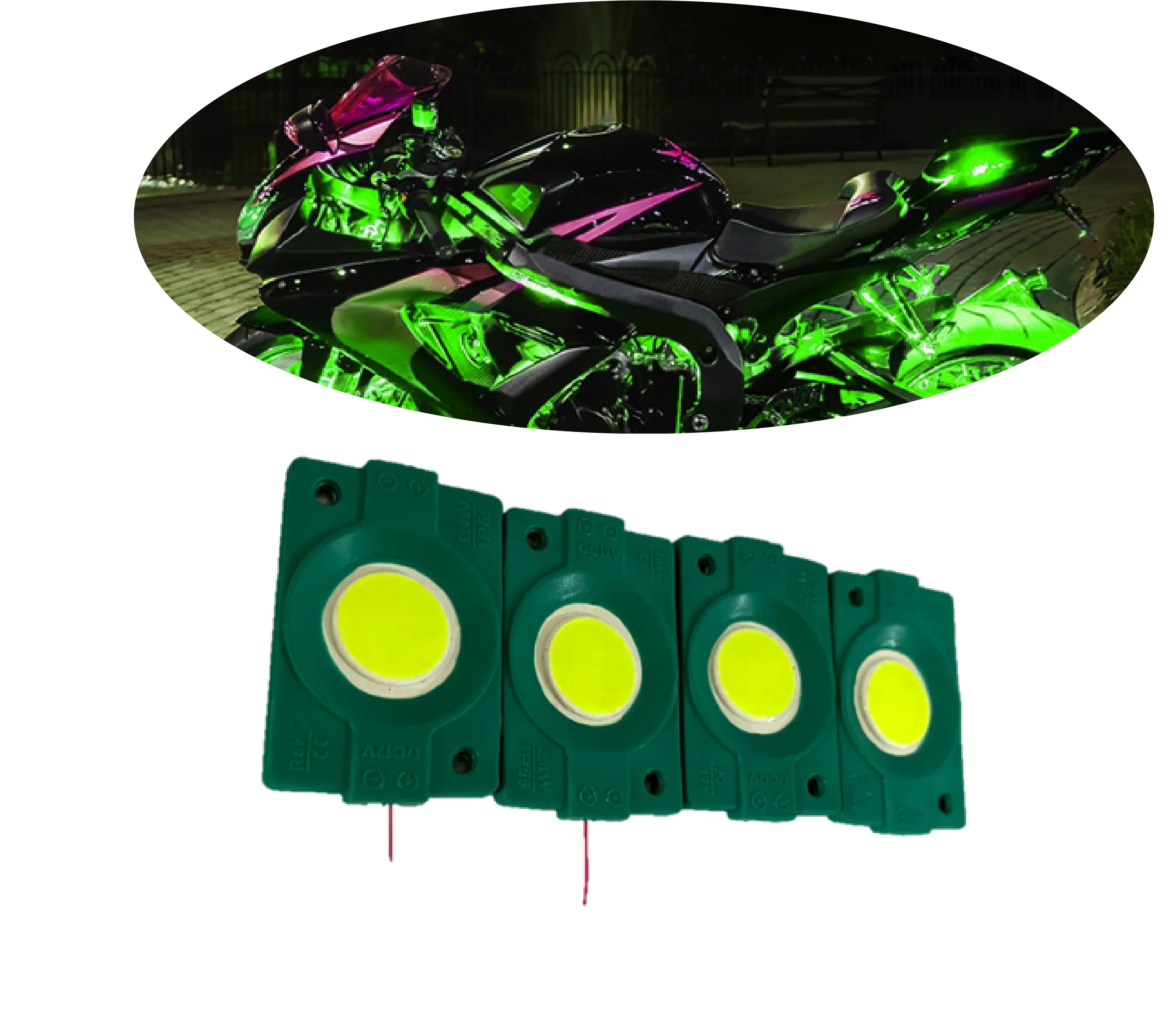 hjg Sunny Day GREEN IMPORTED Underglow PATCH LIGHTS (Front/Rear , Bike Body Lights) - PACK OF 4 - IP65 WATERPROOF DUSTPROOF SHOCKPROOF - Universal Decorative Light for all Motorbike, Car LED (12V, 1.5 W) (Universal For Bike, Universal For Car, Pack of 4) - Biker.Store - www.biker.store